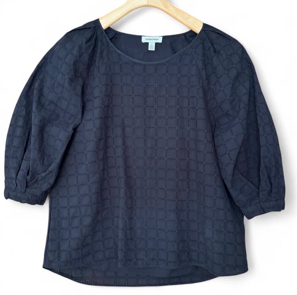 Nordstrom Black Textured Grid Geometric Puff Sleeve Lined Top Womens Size S